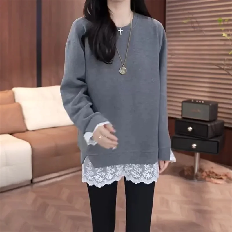 Sudadera coreana de cuello redondo a la moda para mujer, sudaderas con capucha de dos artículos falsos de encaje para mujer, Tops, camisa deportiva de ocio femenina para primavera y otoño