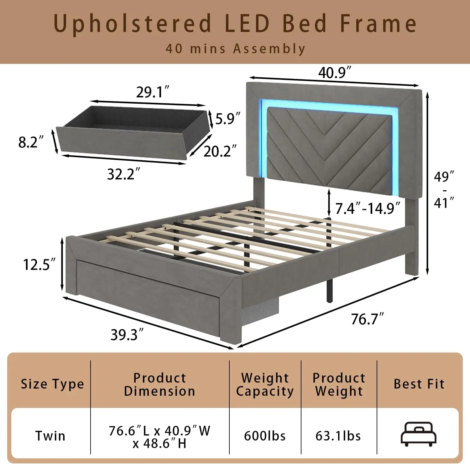 Twin Bed Frame with LED Headboard and Storage Drawer, Velvet Platform Bed Frame Twin Size with Charging Station, Adjustable