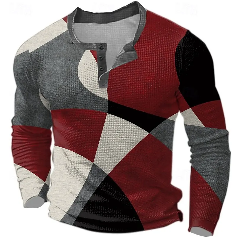 

Geometric Plaid Graphic Men's Henley T-Shirt 3D Print Long Sleeve Henry Collar Button Pullover Autumn Casual Fashion Man Clothes