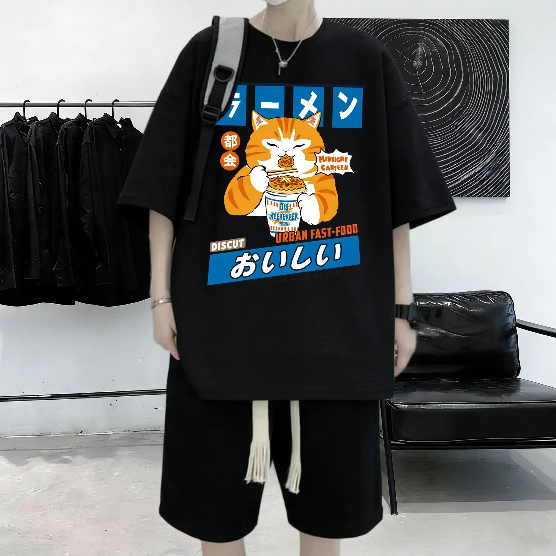 Cat Enjoying Instant Noodles Design Mens Cotton Simple Summer T-Shirts Casual Vintage Unisex Tops Fashion High Street Clothing