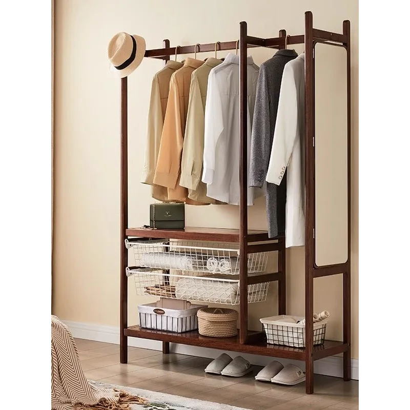 Solid wood hanger floor-to-ceiling bedroom coat rack with mirror integrated full body fitting mirror household basket storage ha