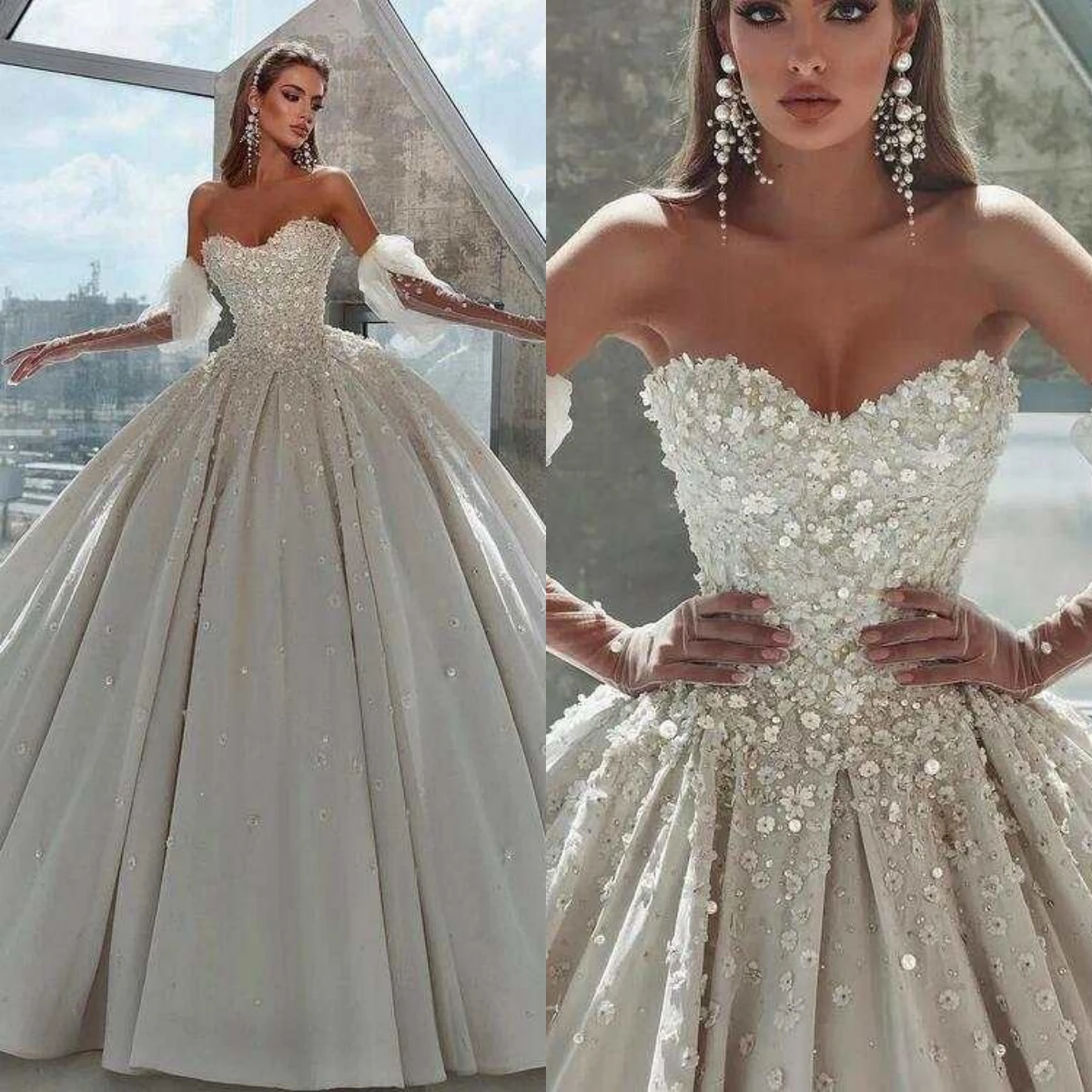 

Flowers Appliques Ball Gown Wedding Dresses Sequins Lace Bridal Gowns Strapless Big Size Vestidos De Novia Custom Size Colour