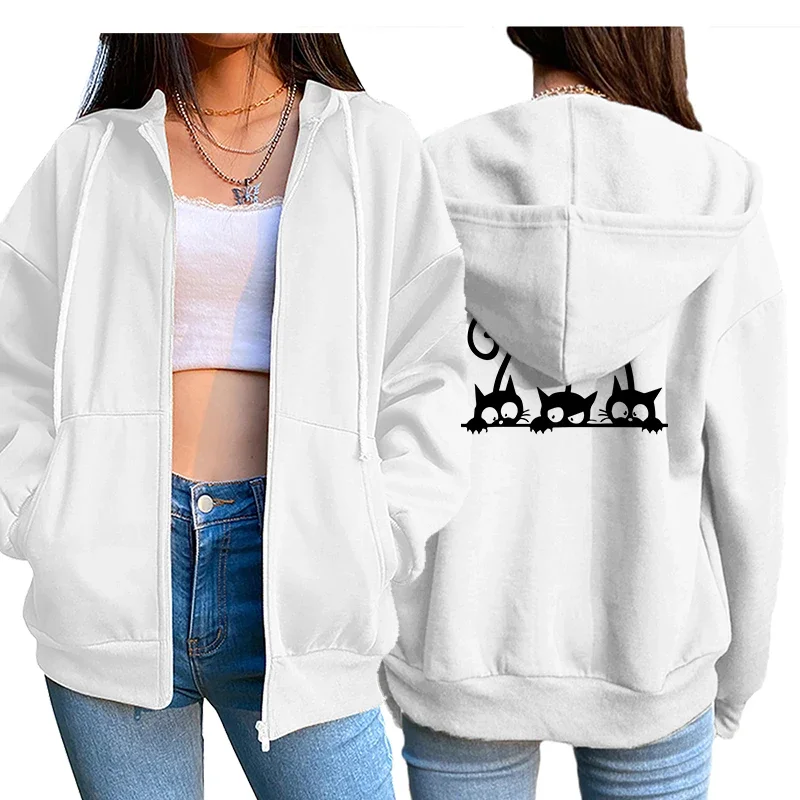 Womens Tracksuit Printing Cute Cat Hooded Sweatshirt Fashion Zipper Cardigan Casual Coat Lady Versatile Jogging Sport Clothing