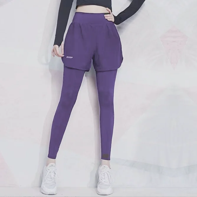 High Elasticity Running Trousers Women's Large Size Fake Two-Piece Marathon Training Pants with Back Pocket Summer Long Pants