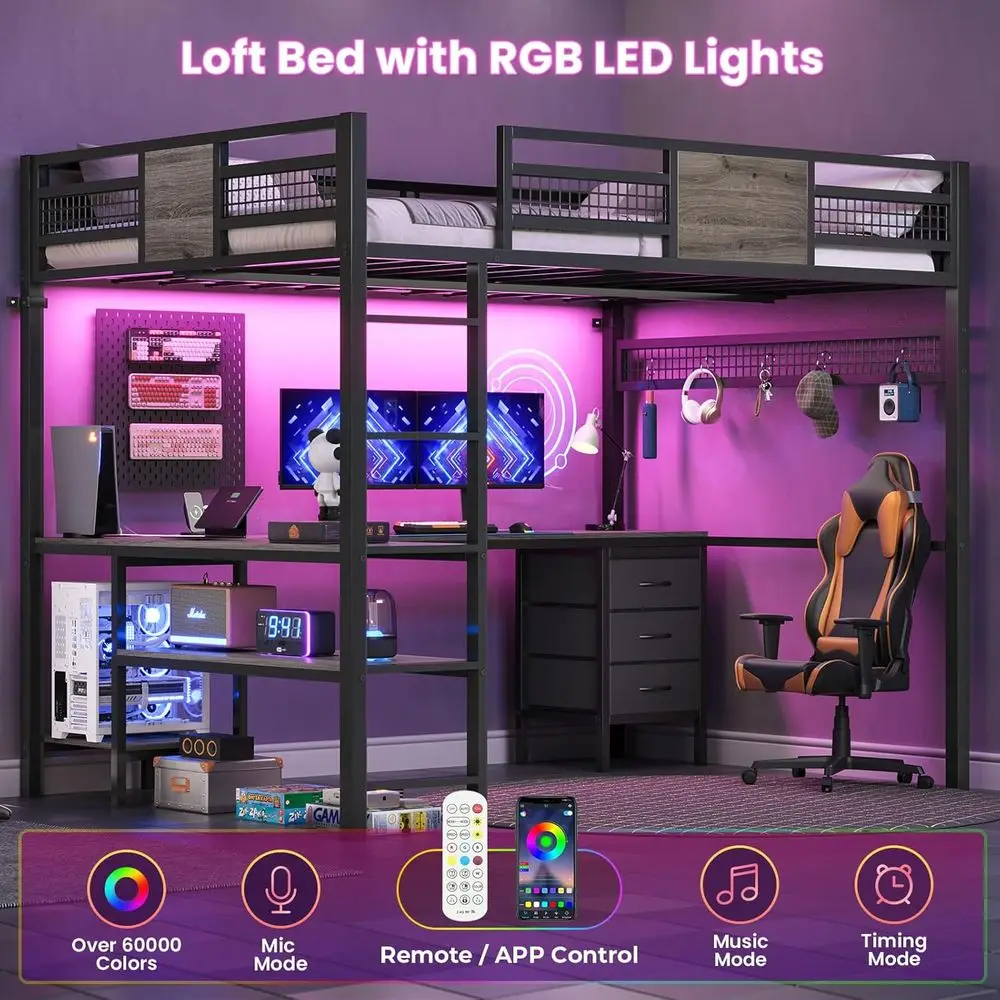 Full Size Loft Bed with L-Shaped Desk, 3 Storage Drawers, LED Lights, Charging Station, Open Storage Shelf, Metal Bed Frame with view 4