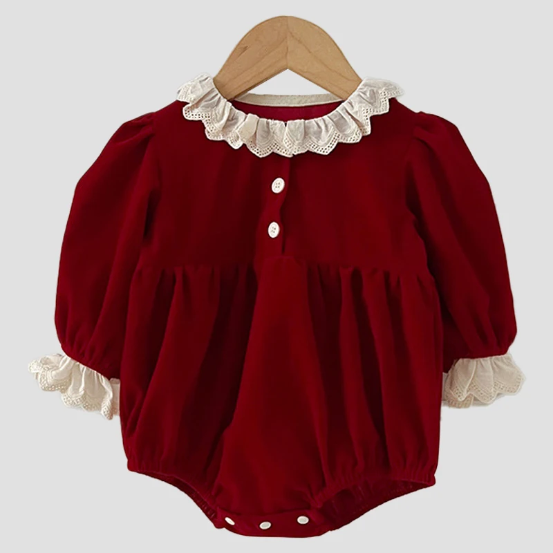 0-24 متر عيد الميلاد طفل رضيع فتاة الأحمر رومبير الدانتيل طوق الربط الخريف الرضع طفل الفتيات طويلة الأكمام بذلة ملابس الطفل
