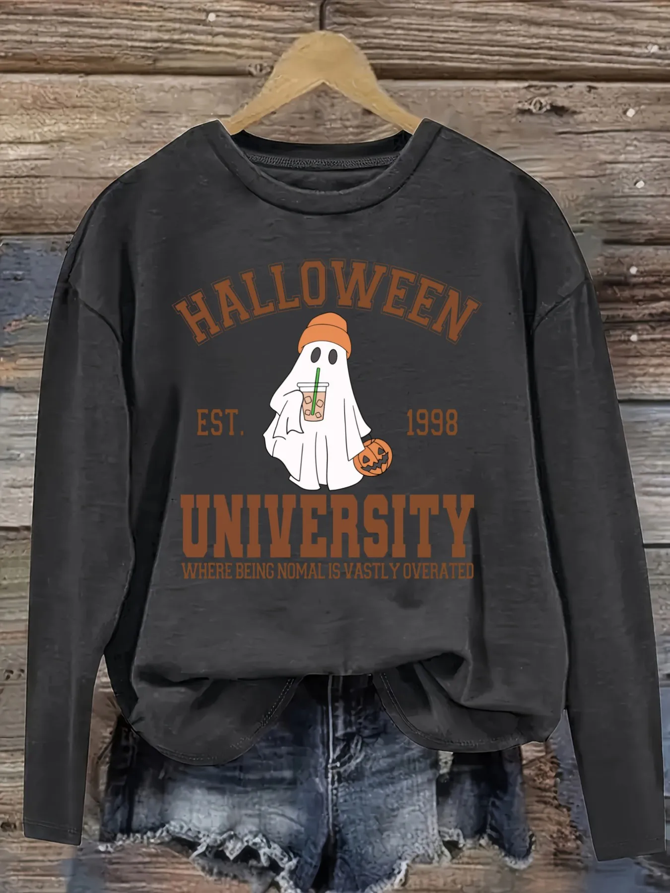 Women's Casual Long Sleeve Crew Neck T-Shirt Halloween University Ghost Print Design, Round Neck Women's Clothing, Machine Washable, Slightly Elastic, Loose Fit, Spring Autumn Winter Women's T-Shirt, Halloween Costume Outfit view 2