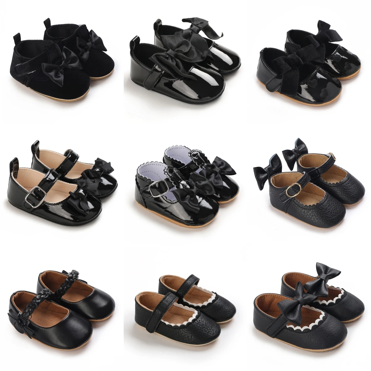 

Black Fashion Newborn Party Princess Shoes Boys And Girls' First Step Walking Shoes Rubber Soled Anti Slip Baby Shoes 0-18M