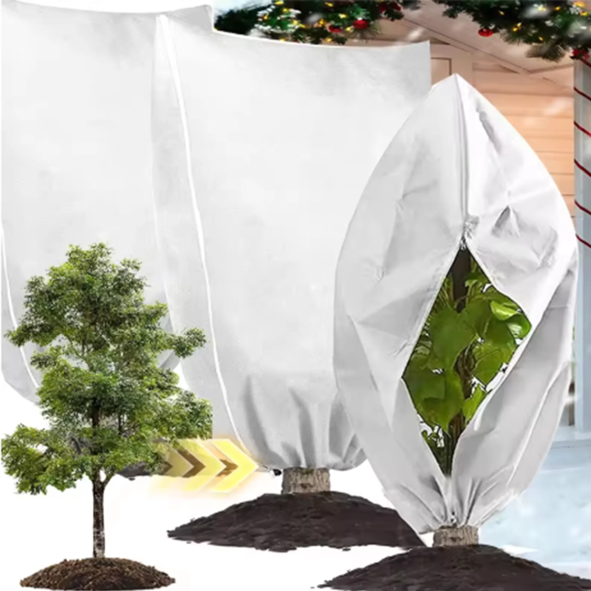 Thickened Plant Frost Protection Cover, With Drawstring & Zipper, Non-Woven White Winter Plant Cold Frost Protection Cover