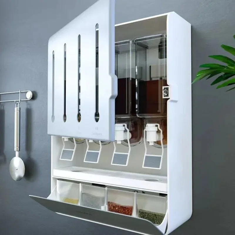 Wall Mounted No Drill Spice Organizer | Pull-Out Multi Compartment Storage Box for Oil Vinegar Seasonings, Countertop Cabinet