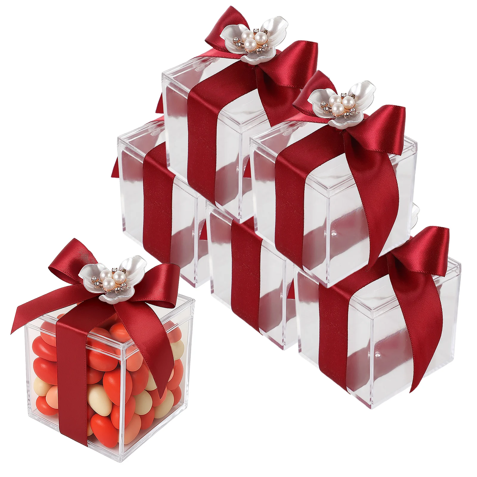 

6pcs European-Style Plastic Candy and Gift Boxes with Bowknot, Pearl & Rhinestone Decor, for Wedding Birthday Party