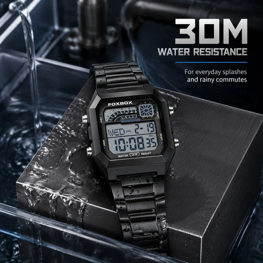 FOXBOX Luxury Waterproof Digital Watch for Men Stainless Steel Sports Countdown LED Display Mens Wristwatches Shockproof+Box