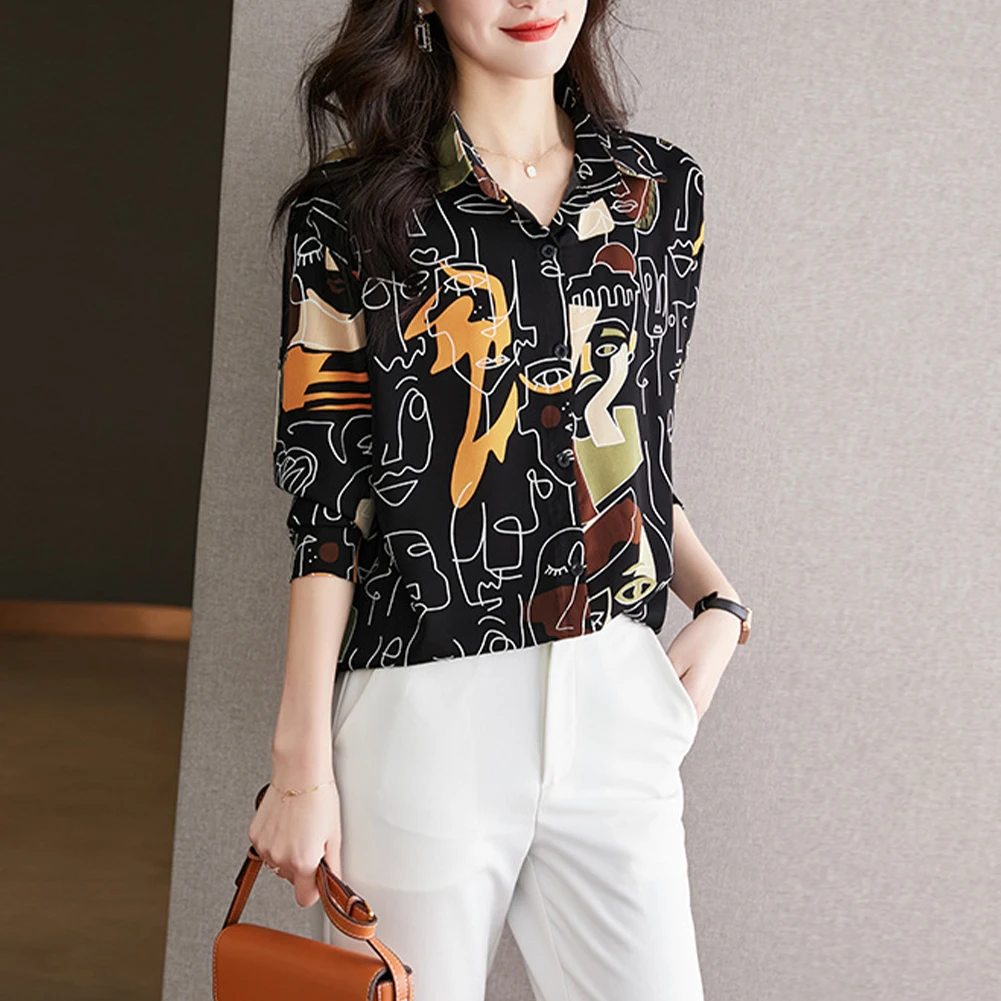 

Shirt Shirts Casual Chiffon Chiffon Shirt Commuting Loose Printed Regular Length S-XL Temperament Black Stylish