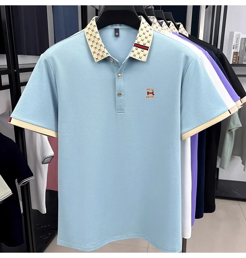 Luxury brand B letter embossed short sleeve polo shirt men summer lightweight breathable new fashion color blocked lapel T-shirt