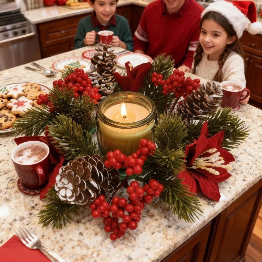 Red Berry Christmas Wreath Candlestick Pinecone Pine Needle Wreath Candle Holder Table Decoration Home Ornaments