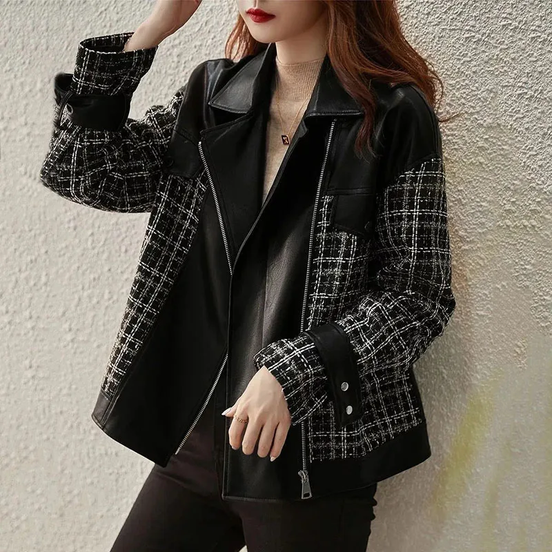 Gidyq Streetwear Women Leather Jacket Korean Fashion Patchwork Zipper Loose Coats Casual Female Warm Thick Knitted Outerwear New