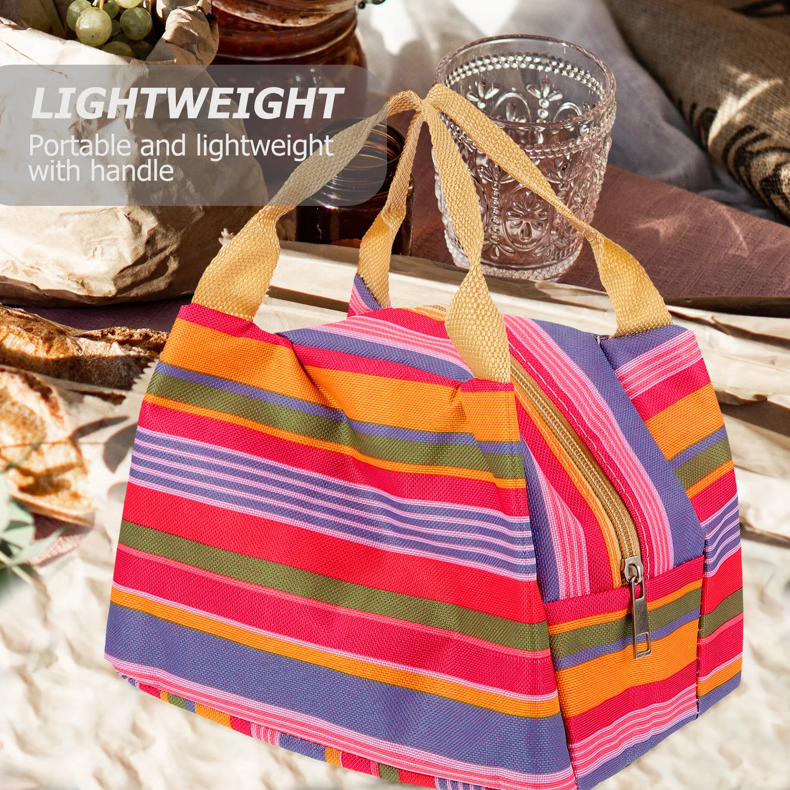 

Insulated Lunch Bag Thermal Cooler Tote For Work School Pink Striped Portable Food Carrier Oxford Lunch Case Zipper