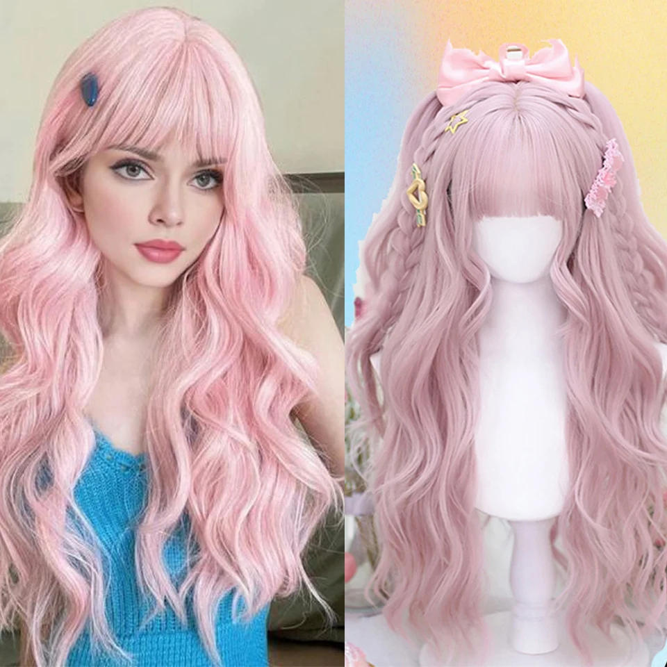 Peruca sintética ondulada longa com Franja para mulheres, cabelo resistente ao calor, perucas lolita, rosa sakura, cosplay, festa diária, cacheados