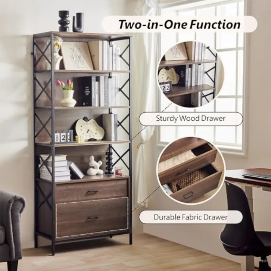 رف كتب صناعي من Redlife مع أدراج 74 خزانة كتب ريفية طويلة 5 أرفف كتب مع رف مفتوح لتخزين عرض المعادن الخشبية