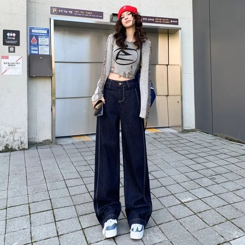 

Retro Navy Blue Wide Leg Jeans Women Loose Straight Stitching Flowy Floor Length Pants