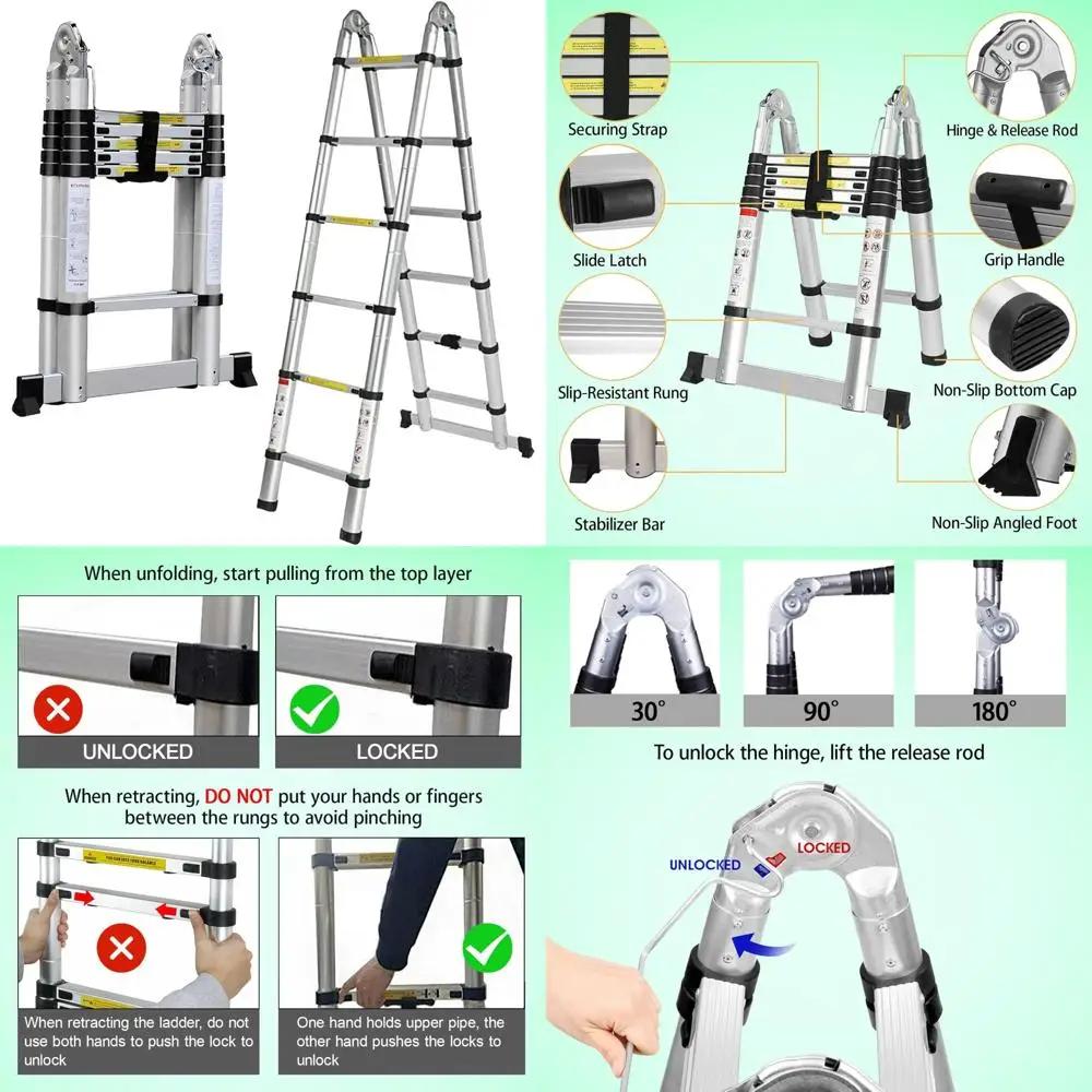 سلم تمديد تصغير من الألومنيوم 12.5 قدم 3.8 متر 2 في 1 قابل للطي على شكل حرف A أو مستقيم مع شريط تثبيت لتعزيز السلامة #1