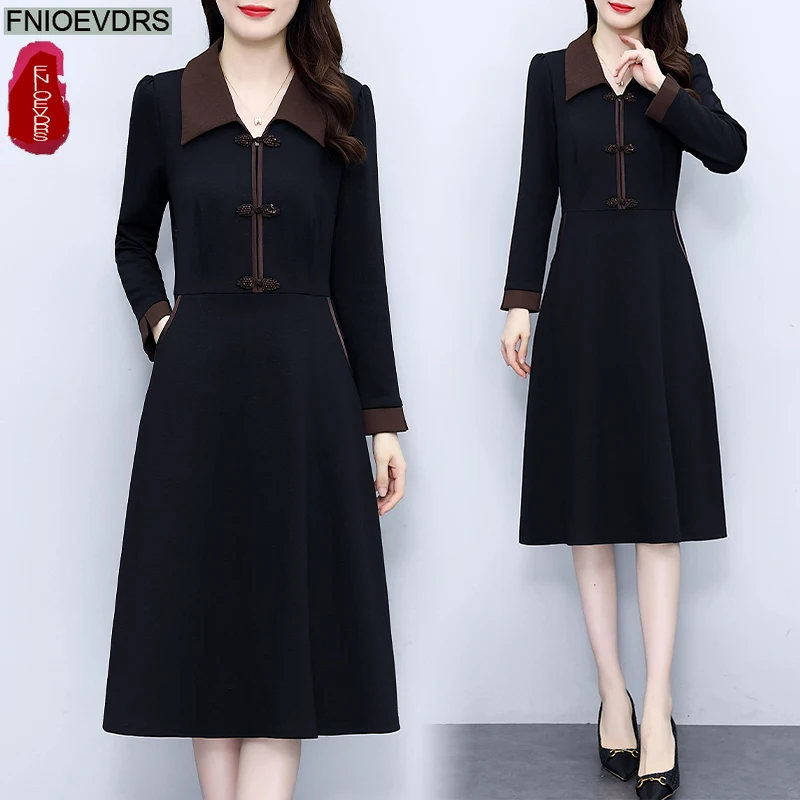 Retro vintage botão camisa vestidos outono inverno básico mulher manga longa elegante senhora do escritório bolsos sólidos vestido preto