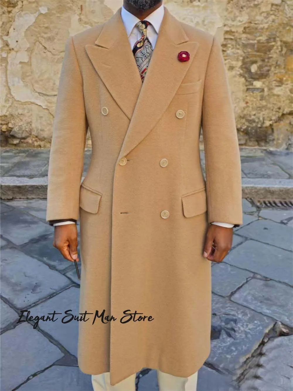 معطف شتوي كلاسيكي من الصوف الجمل للرجال على الطراز الإيطالي سترات طويلة ذات صدر مزدوج وطية صدر السترة معطف رجالي مخصص للأعمال #4