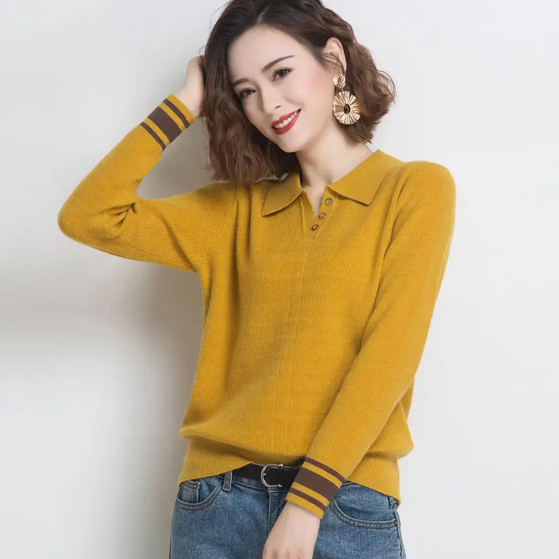 Turn-down Collar Sweater Ladies Autumn New Long Sleeve Knitting Top Tee Winter Loose Simplicity All-match Buttons Pullovers Tops