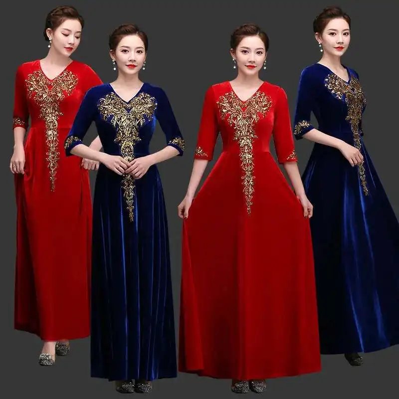 

Velvet Adult Choir Dress for Women, Long Sleeve, Large Hem, New Style, Middle-aged and Elderly Choir Performance Costume