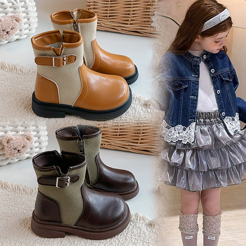 Little Girls Quilted Ankle Boots 2026 New Winter Toddler Thick Sole Leather Boots Non-slip Classic Retro School Christmas Party