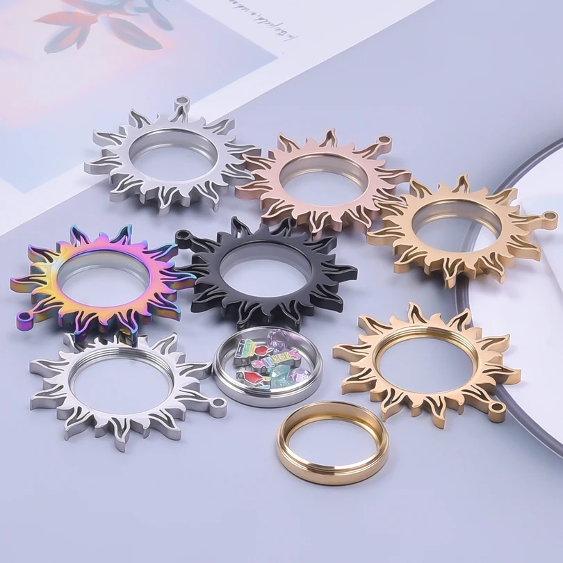 1pc Fashion Sun Pendant Necklace Photo Relicario Locket Charm New Stainless Steel Sun Necklace For Women Men Retro Jewelry Chain