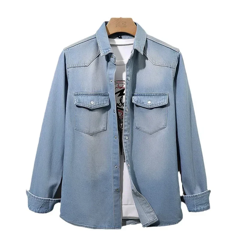 Japanese Korean Trend Long-sleeved Retro Denim Shirt Men\'s Fashion Casual All-match Jean Shirt Trend Casual Denim Coat Clothes