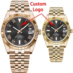 Custom Logo 36/39mm Men's Clock Automatic Relogio Masculino NH35 Mechanical  Sapphire Rose Gold Rome Dial Steel Band Men's Watch