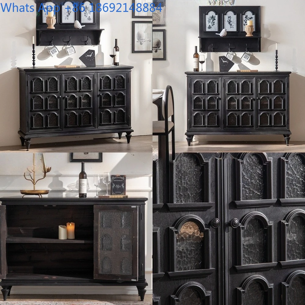 

European style black entry hall cabinet retro dining room decorative cabinet vintage coffee console solid wood beverage table