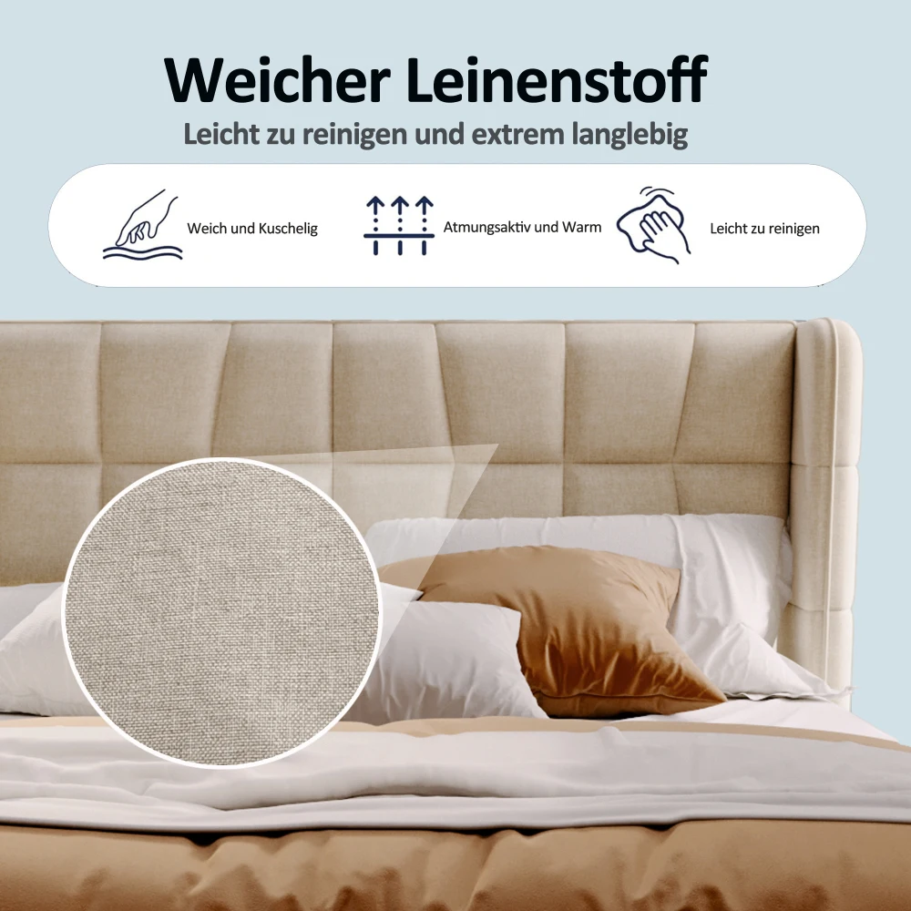 180x200cm gepolstertes Doppelbett mit pneumatischer Stauraum-Lattenrostunterlage und Rückenlehne – Leinenrahmen für Erwachsene und Jugendliche (ohne Matratze) – Detail 3