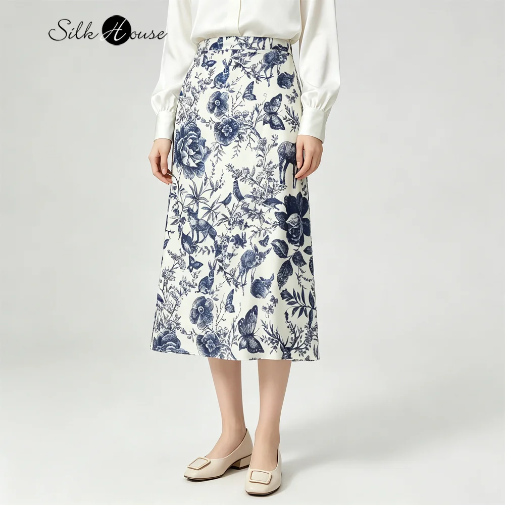 

2026 Women's Casual Summer New 93% Natural Mulberry Silk Elastic Satin Pocket Design Elastic Waist Printed Skirt