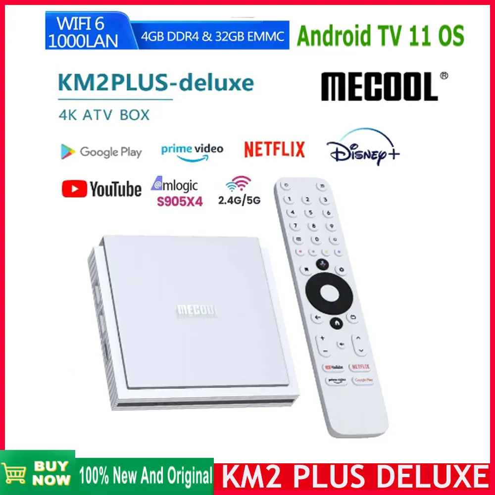 MECOOL-KM2 PLUS DELUXE Smart TV Box, 4K, Android 11, Certificado, Caixa de TV do Google, 4GB DDR4, 32GB, 1000M LAN, WiFi 6, Caixa de TV mais recente, 2022