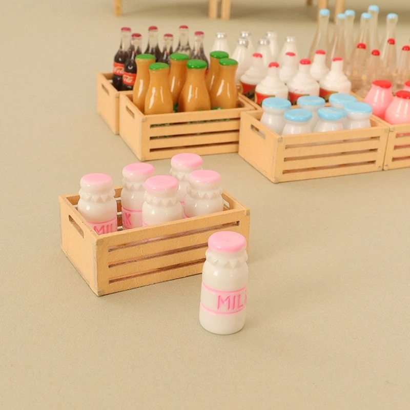 1Set 1:12 Dollhouse Miniature Milk Bottles W/Storage Frame Wine Bottle Drink Holder Kitchen Decor Toy Doll House Accessories