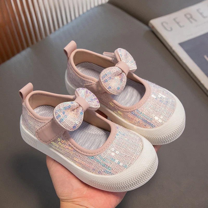 Girls Shoes Fashion Sequin Canvas Sneakers Kids Bow Princess Flats Breathable Baby Shoes Student Soft Sole Casual Shoe Кроссовки