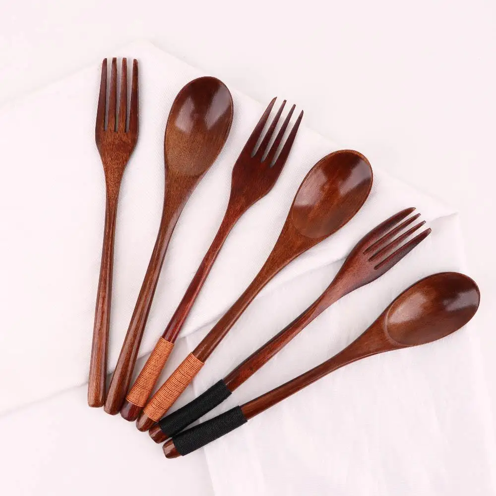 Portable Gift Home Wooden Handmade Natural Dinner Kit Fork Chopsticks Spoon Set Cutlery Utensils Sets Tableware
