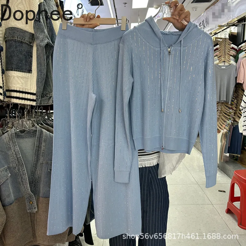 

New Autumn Fashion Women Knitted Sets Shiny Hot Drilling Hooded Zip Cardigans Sweater Coat+Elastic Waist Wide Leg Straight Pants
