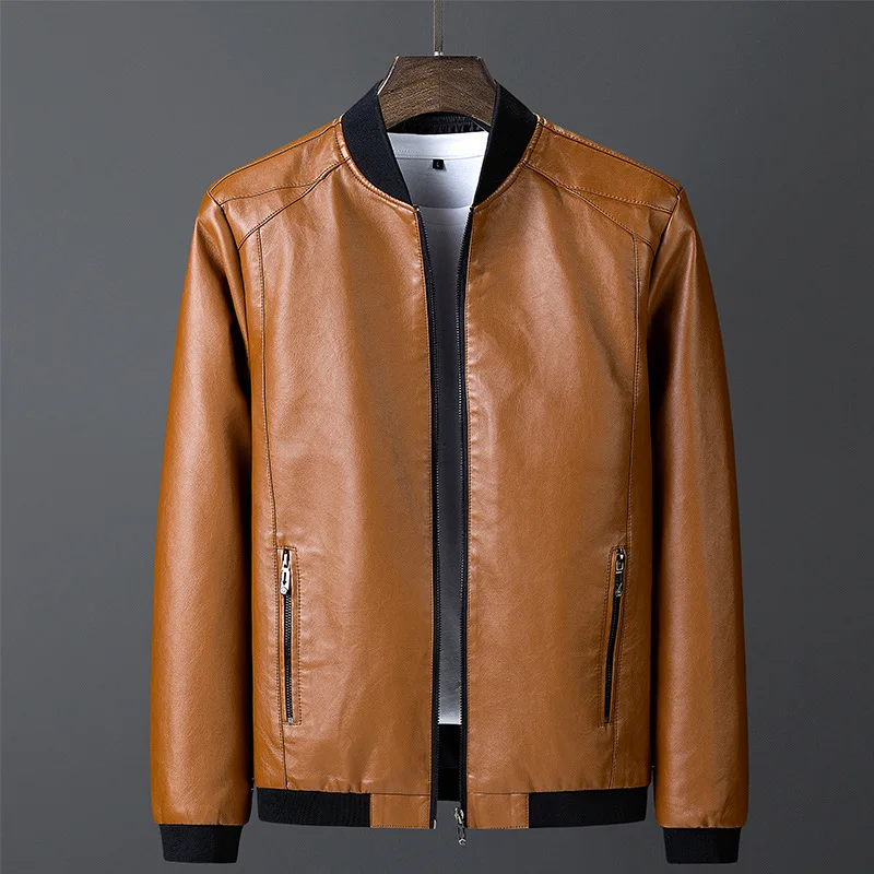 

New trend plus fleece thickened plus-size biker jacket Leather jacket stylish simple men's ribbed stand-up collar jacket