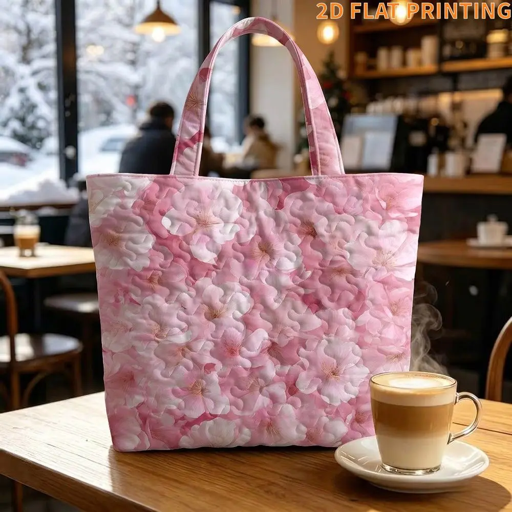 1pc 2D FLAT  Printing Women's Quilted Tote Bag - with  Pink Floral Pattern Print  , Large-Capacity for Multiple Using