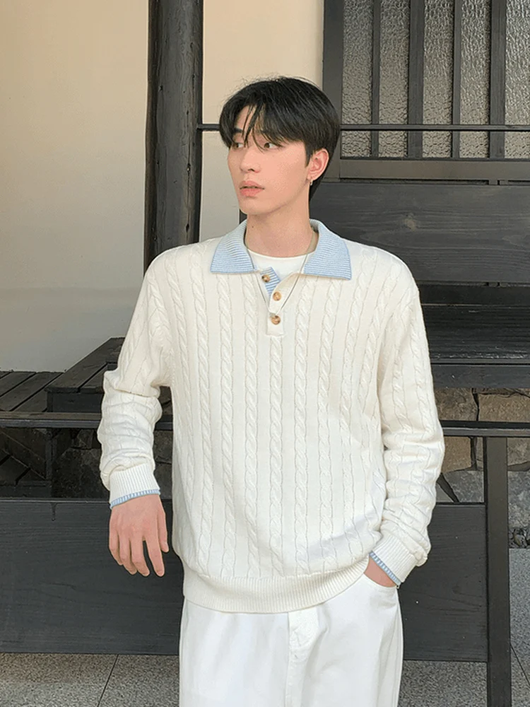 

Новый осенне-зимний мужской повседневный свитер с воротником и цветными блоками, вязаный, с длинным рукавом, мягкий, удобный, для делового и повседневного стиля