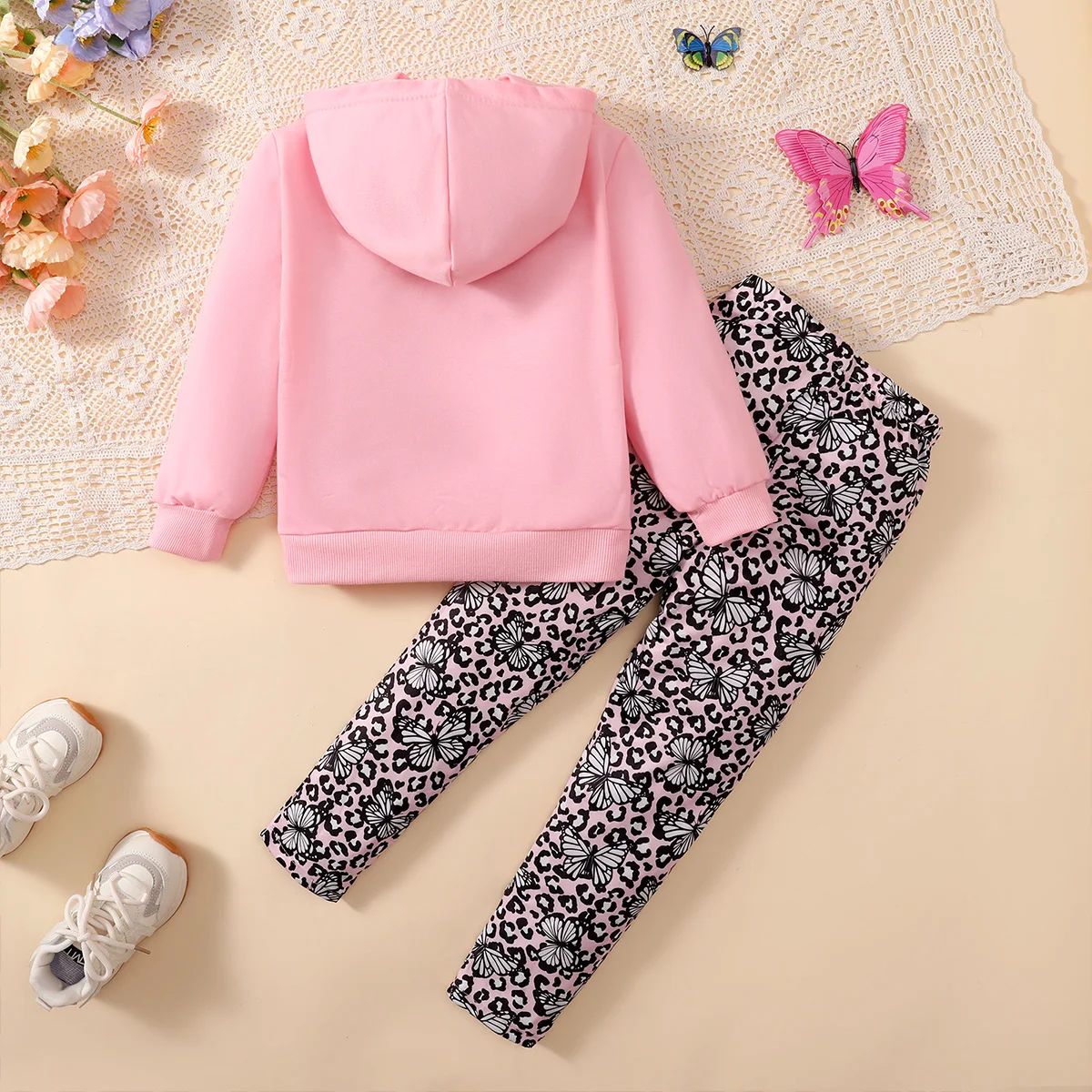 hibobi 2-Piece Spring Girls Butterfly Print Long Sleeve Hooded Sweatshirt And Yoga Pants Set For Children Aged 4-8 Years Old