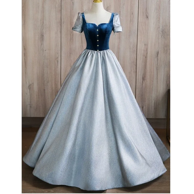 Blaue Prinzessin Quince anera Kleid mit kurzen Ärmeln einfache Vintage boden lange Abschluss kleider neue Satin elegante Ballkleider