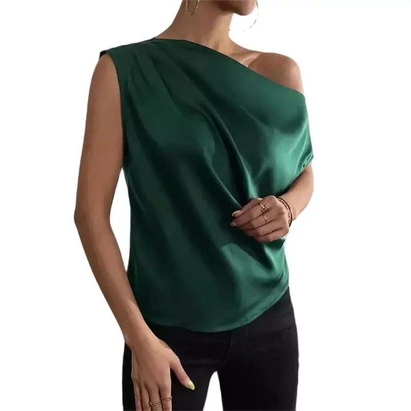 

Fashion Slant Neck Off The Shoulder Vest Women New Solid Color Silky Satin Irregular Tank Tops Female Commuter Casual Streetwear