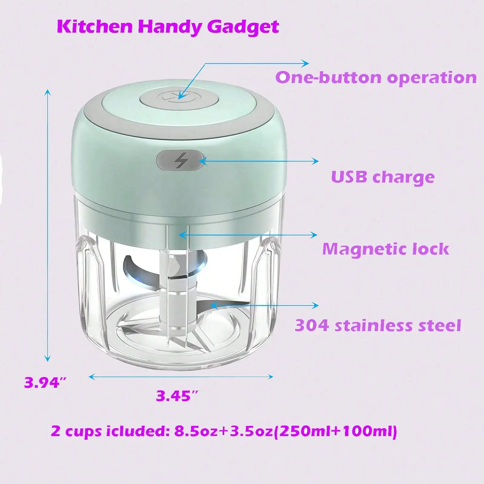 Electric Mini Garlic Chopper, 250ML USB Food Chopper Mincer, Vegetable Onion Portable Small Processor For Garlic, Ginger, Chili, Vegetables Pink-250ML