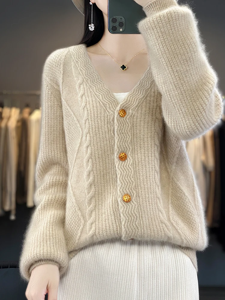 

Women Twist Flower Cardigan V-Neck Cashmere Sweater Autumn Winter 100% Merino Wool Knitted Soft Warm Casual Thick Knitwear New