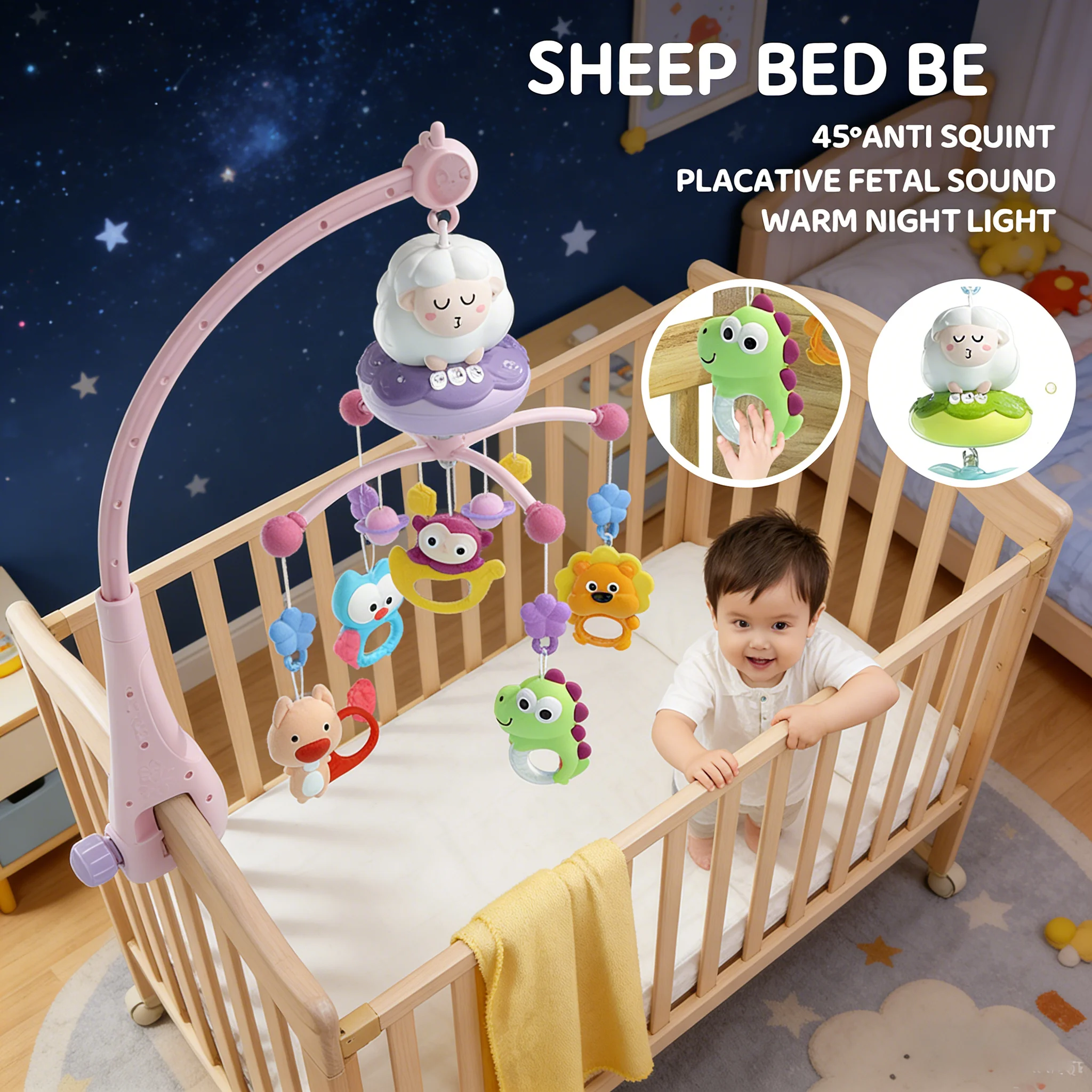 โมบายเด็กทรงแกะ พร้อมจี้รูปสัตว์การ์ตูนน่ารัก มีไฟและเสียงเพลง มีจำหน่ายในสีฟ้าและสีชมพู